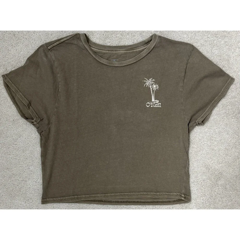 O’Neill Teen Large Palm Tree Graphic Cropped 100% Cotton Tee Olive Green Fits 14